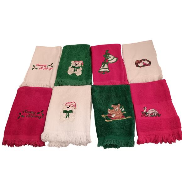 Kitchen Christmas Tea Towels 4 Sets of 2, Two Towels have Cross Stitched Pattern - Picture 1 of 16